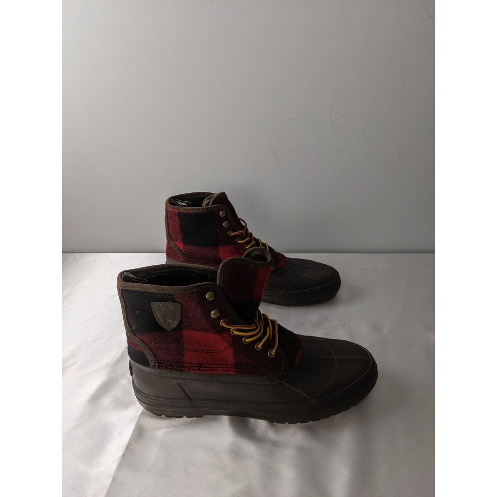 Polo Ralph Lauren Claus Laceup Duck Boots Red Black Buffalo Plaid Mens 10 - Picture 9 of 10